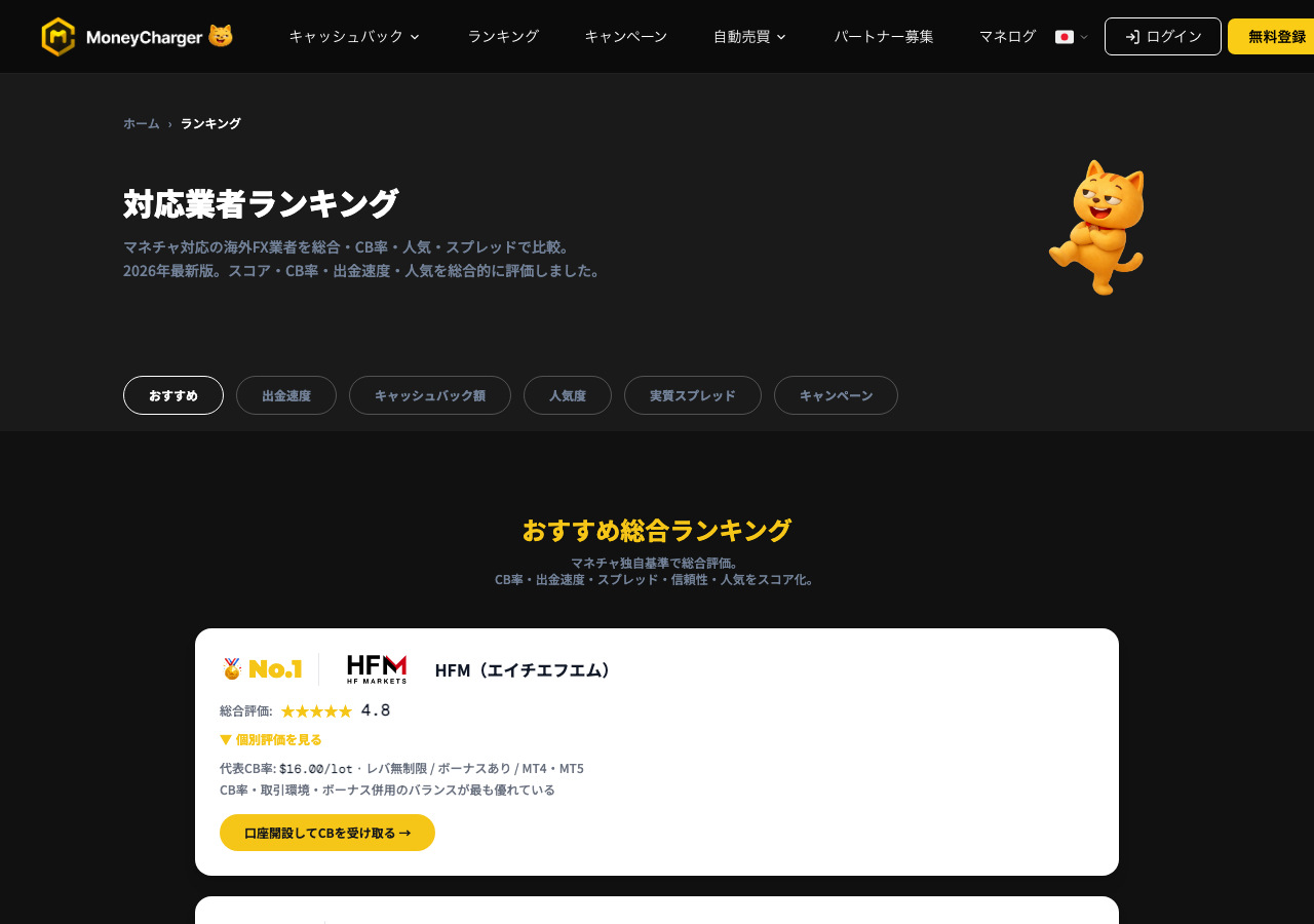 マネーチャージャーの対応業者ランキング|CB率・出金速度・スプレッドで比較できる