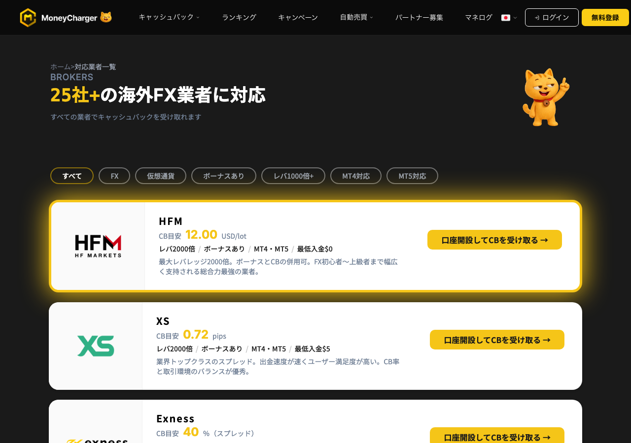 マネーチャージャーの対応業者一覧|25社以上の海外FX業者のキャッシュバック目安